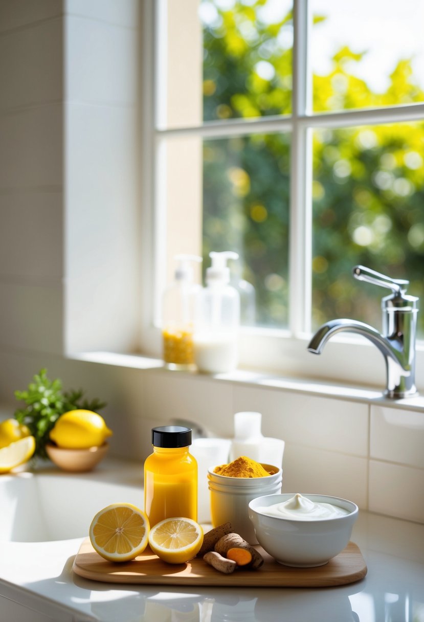 A sunny bathroom with natural ingredients like lemon, turmeric, and yogurt arranged on a clean countertop for homemade tan removal remedies