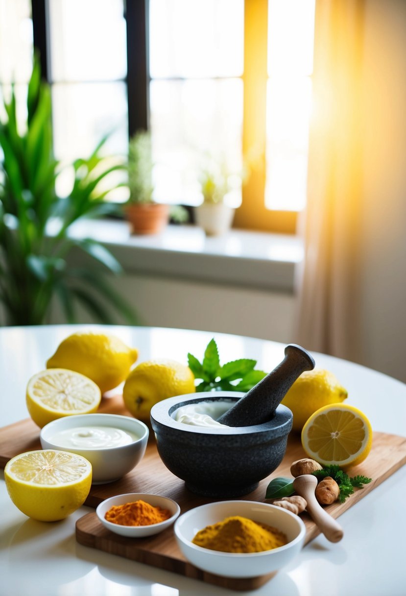 A bright, sunlit room with a table filled with various natural ingredients like lemon, yogurt, and turmeric. A mortar and pestle sits nearby for mixing