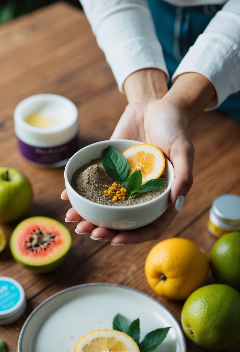A woman's hand holding a bowl of natural ingredients for tan removal, surrounded by fresh fruits and skincare products on a wooden table