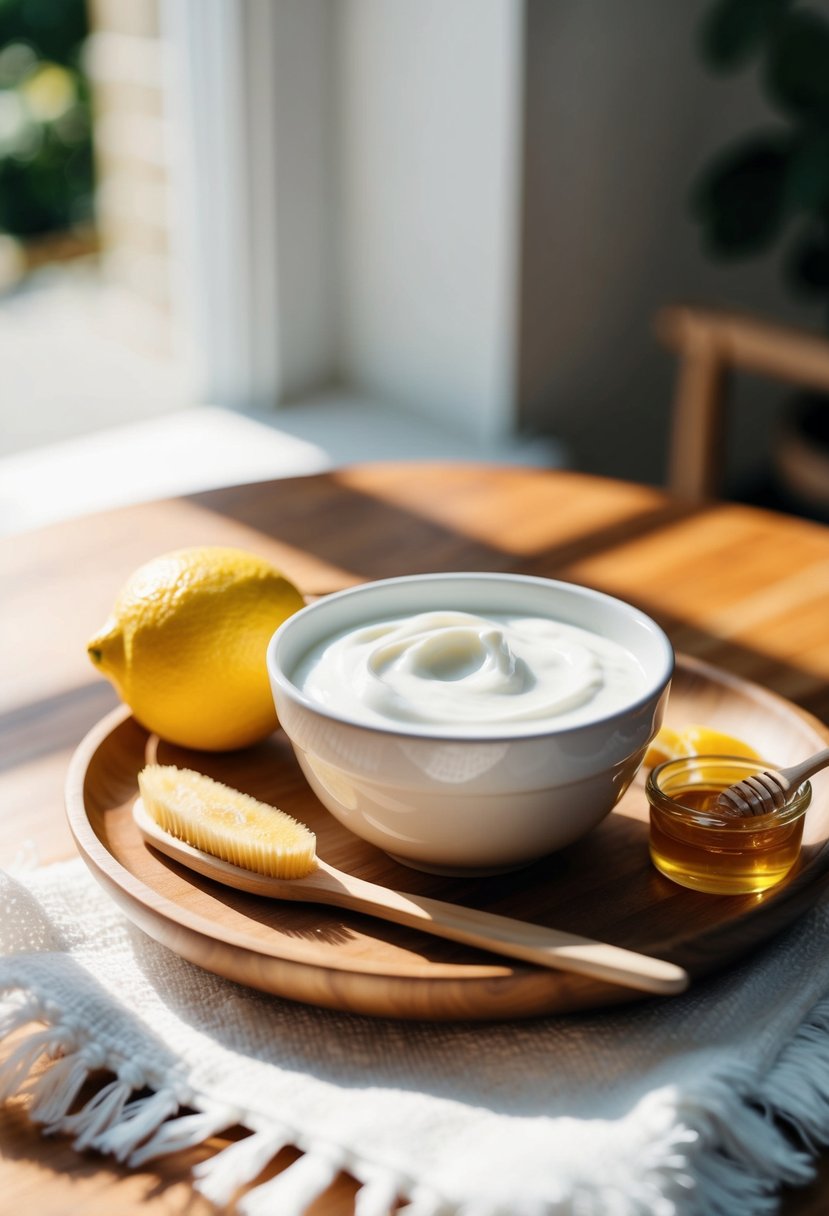 A bowl of natural ingredients like lemon, yogurt, and honey, with a soft-bristled brush, placed on a wooden table in a sunlit room