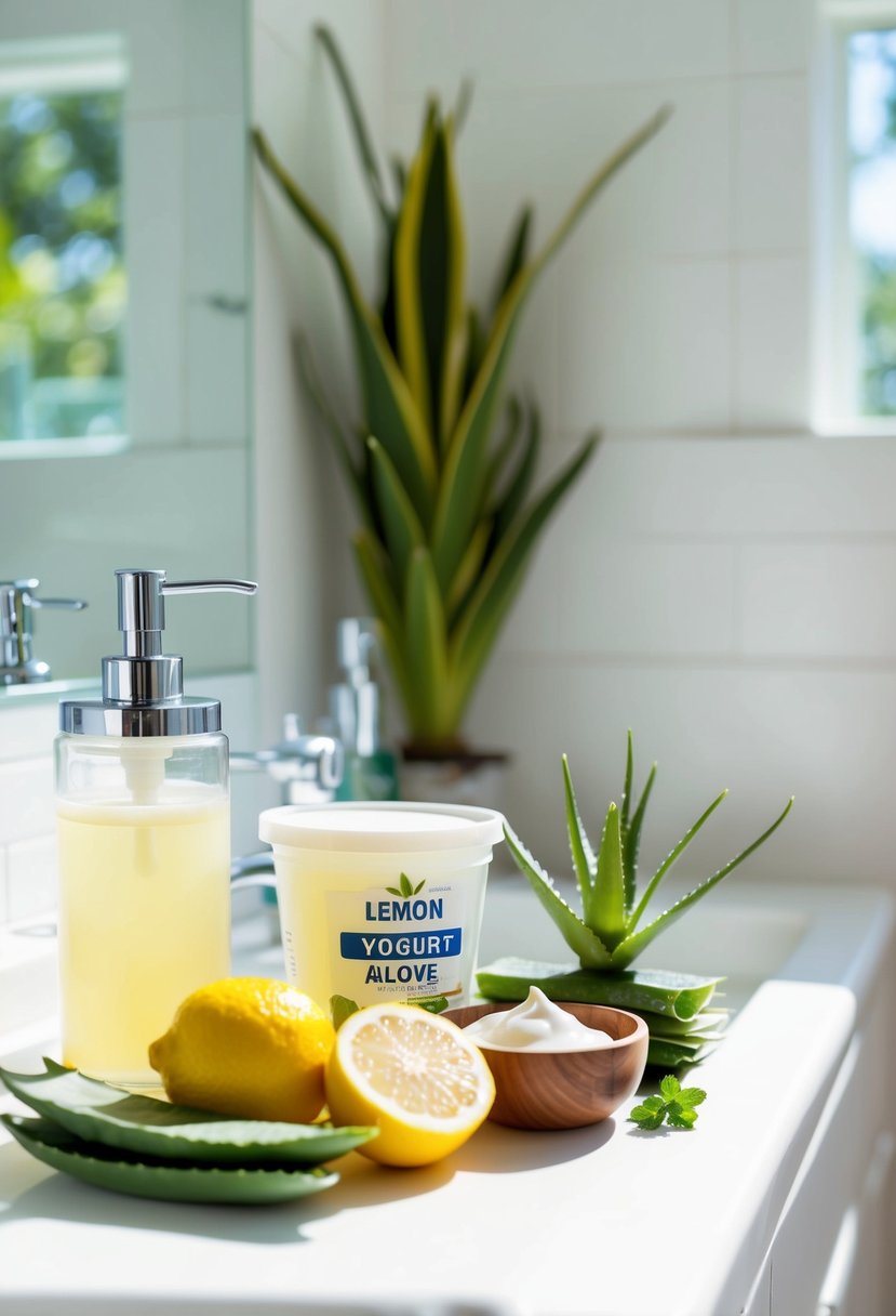 A bright, sunlit bathroom with a variety of natural ingredients like lemon, yogurt, and aloe vera laid out on the counter for homemade tan removal remedies
