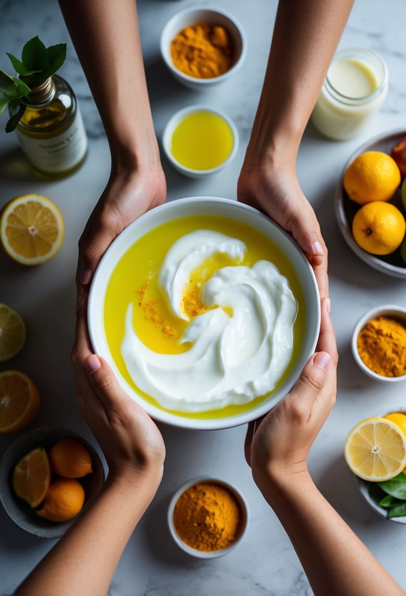 A pair of hands soaking in a bowl of natural ingredients like lemon juice, yogurt, and turmeric, surrounded by various skincare products and fresh fruits