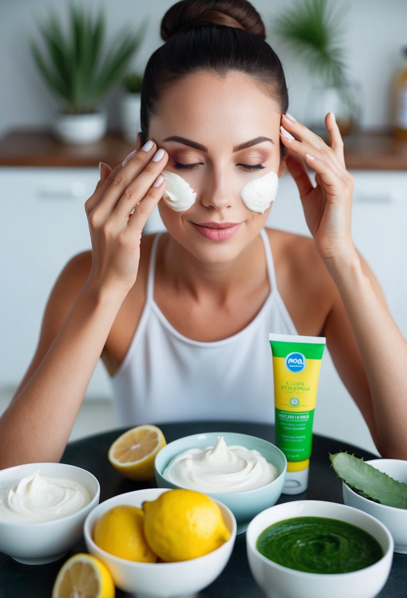 A woman applying natural ingredients on her skin, surrounded by bowls of lemon, yogurt, and aloe vera. Sunscreen and exfoliating gloves are on the table