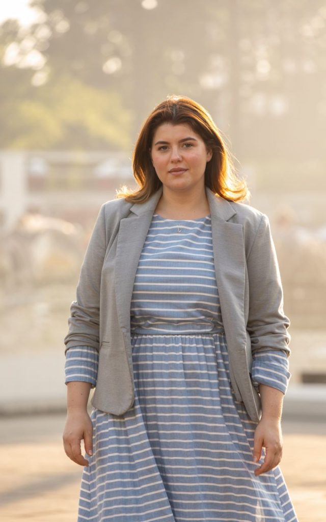 Striped Dress and Gray Blazer