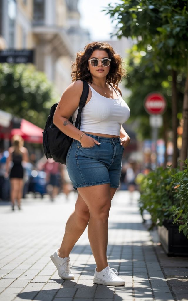 Cami Top, Denim Shorts, Sneakers, Backpack, and Sunglasses